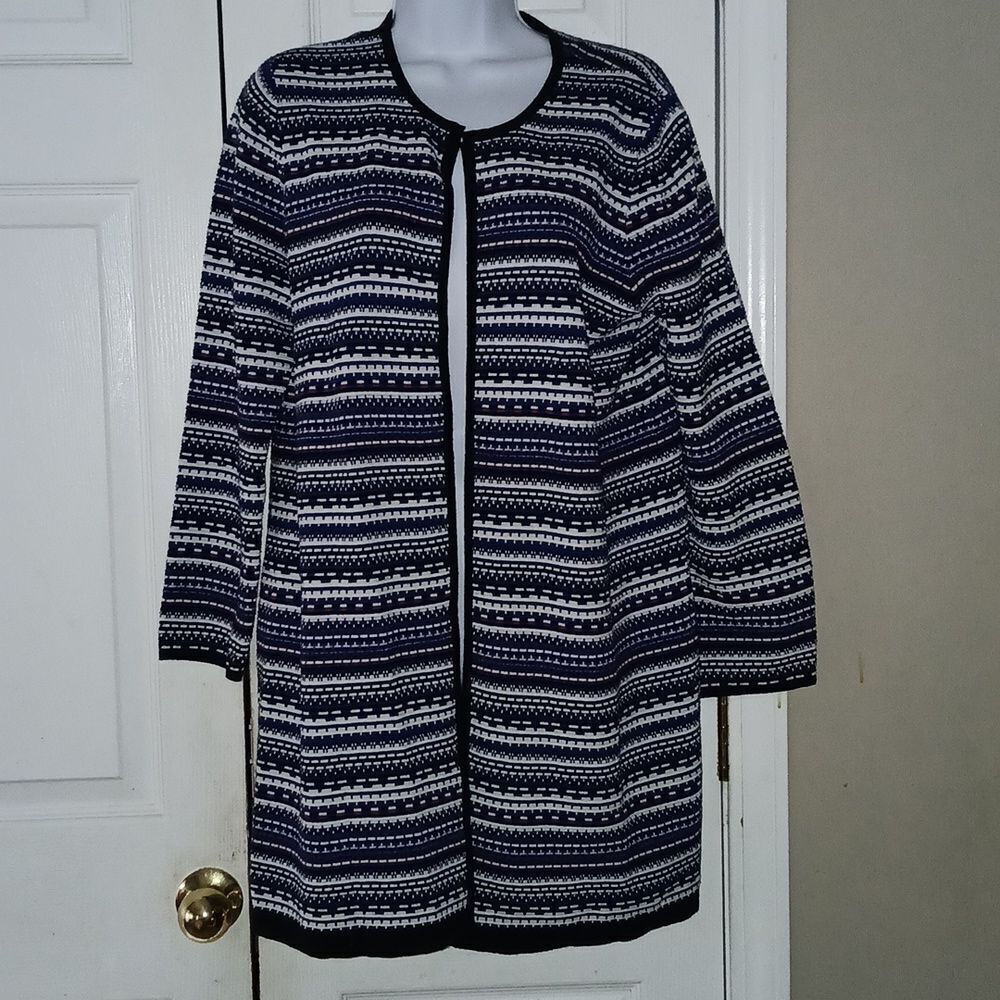 Kasper Multi Color Knit  blue white  black red long Cardigan Sz L NWOT